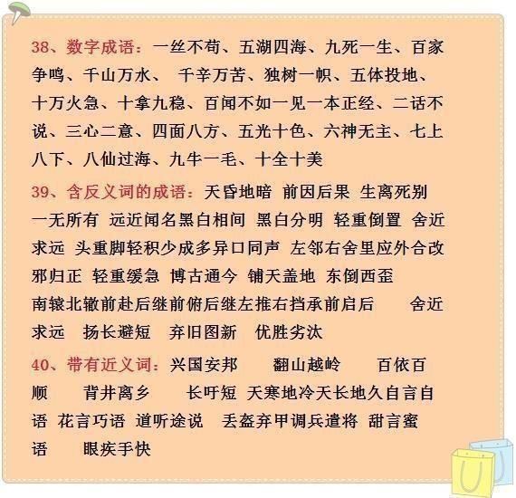 老师今天分类总结出了一些成语,用在作文中,必高分.