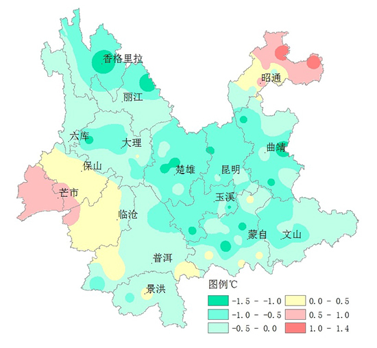 云南省2017年7月气温距平分布图