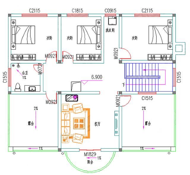 1412米三层带堂屋38万3厅10室3卫别墅设计图(附全套施工图)