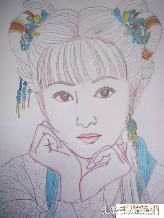 人物彩铅画教程:中国古典美女头像彩色铅笔画绘画步骤