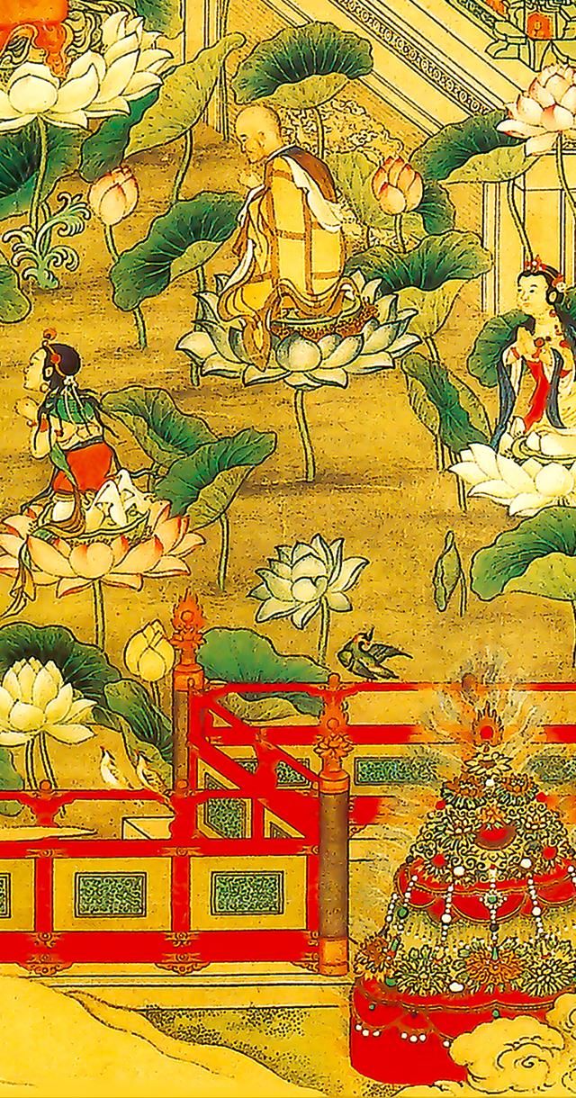 名画|清 丁观鹏《极乐世界庄严图》极乐庄严 顶礼膜拜