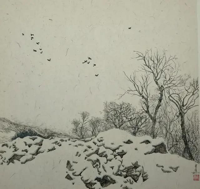 雪景钢笔画加彩铅,百看不厌精简的线条,画风独特