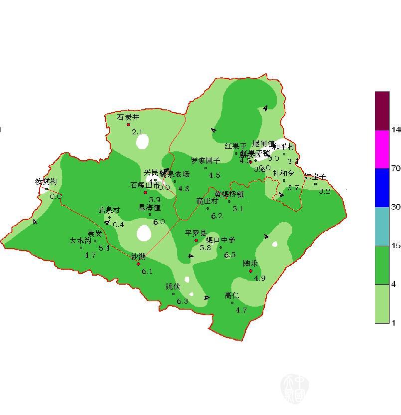 图1 4月7日夜间石嘴山市降雨量分布图 根据石嘴山市气象局气象服务