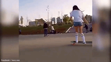 高颜值大长腿 韩国长板女神秀滑板技巧