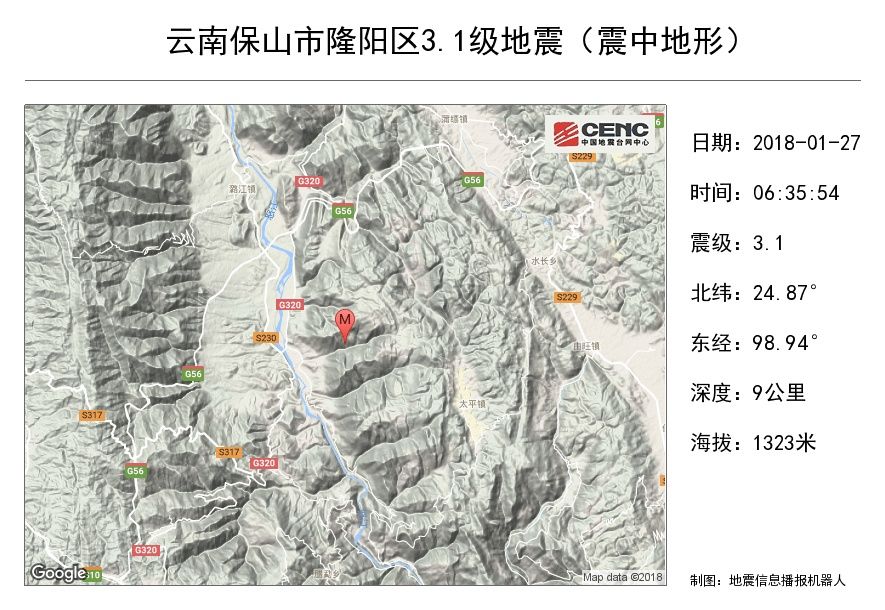 1月27日6时35分在云南保山市隆阳区发生3.