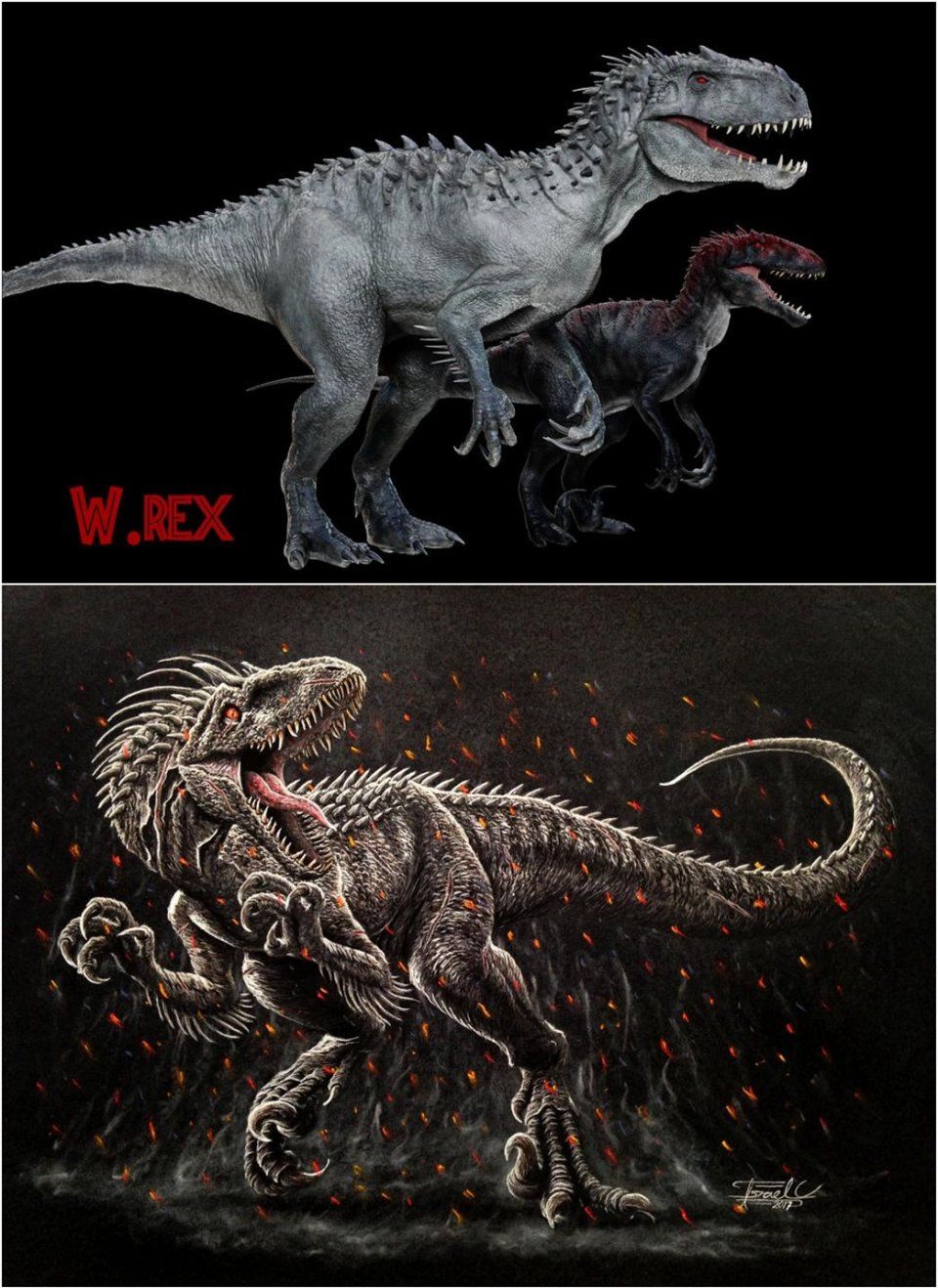 艺术家设计的变异迅猛龙的概念造型图及其与暴虐霸王龙的体型对比