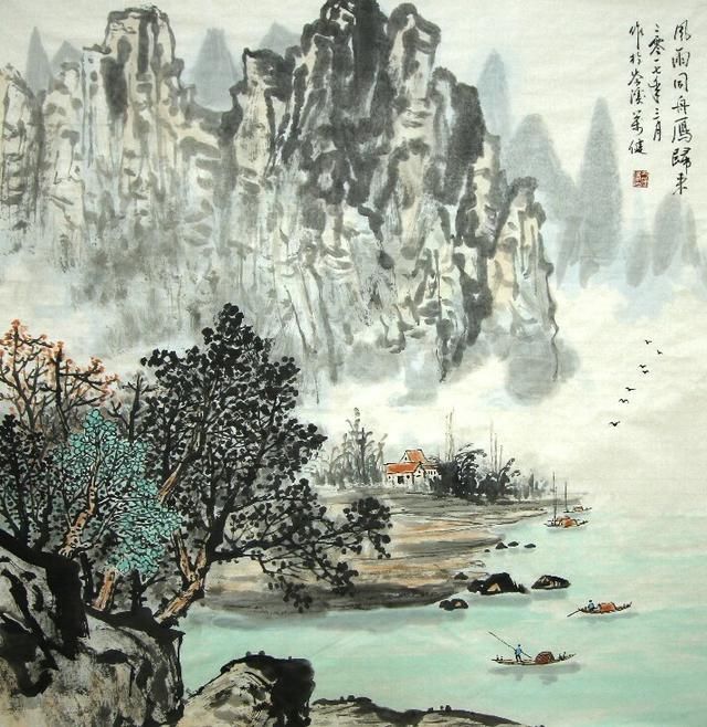 程万健的山水,继承了岭南画派和漓江画派的传统风格和特点.