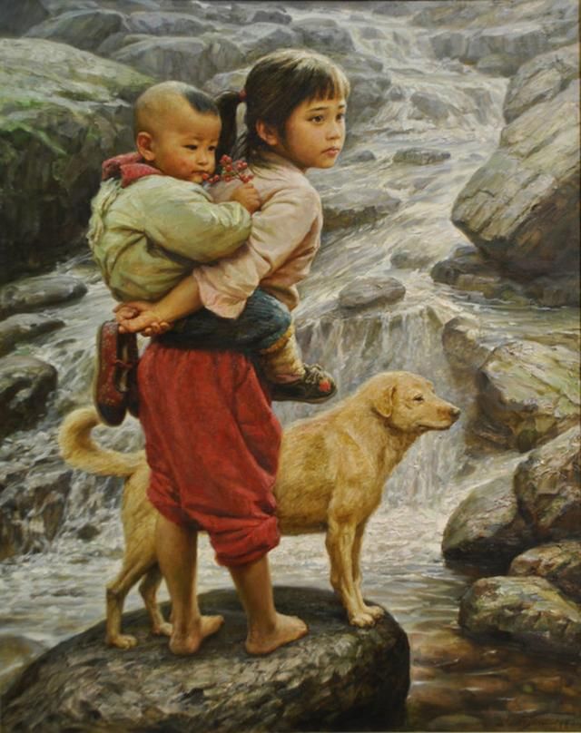 李自健乡村童年系列油画,有个姐姐真的很幸福