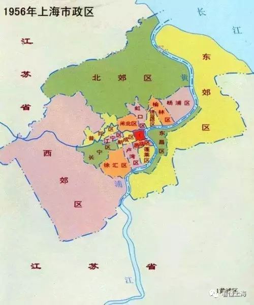 ▼60年的地图宝山区里划出吴淞区,上海从江苏省包围中解脱,与浙江交界