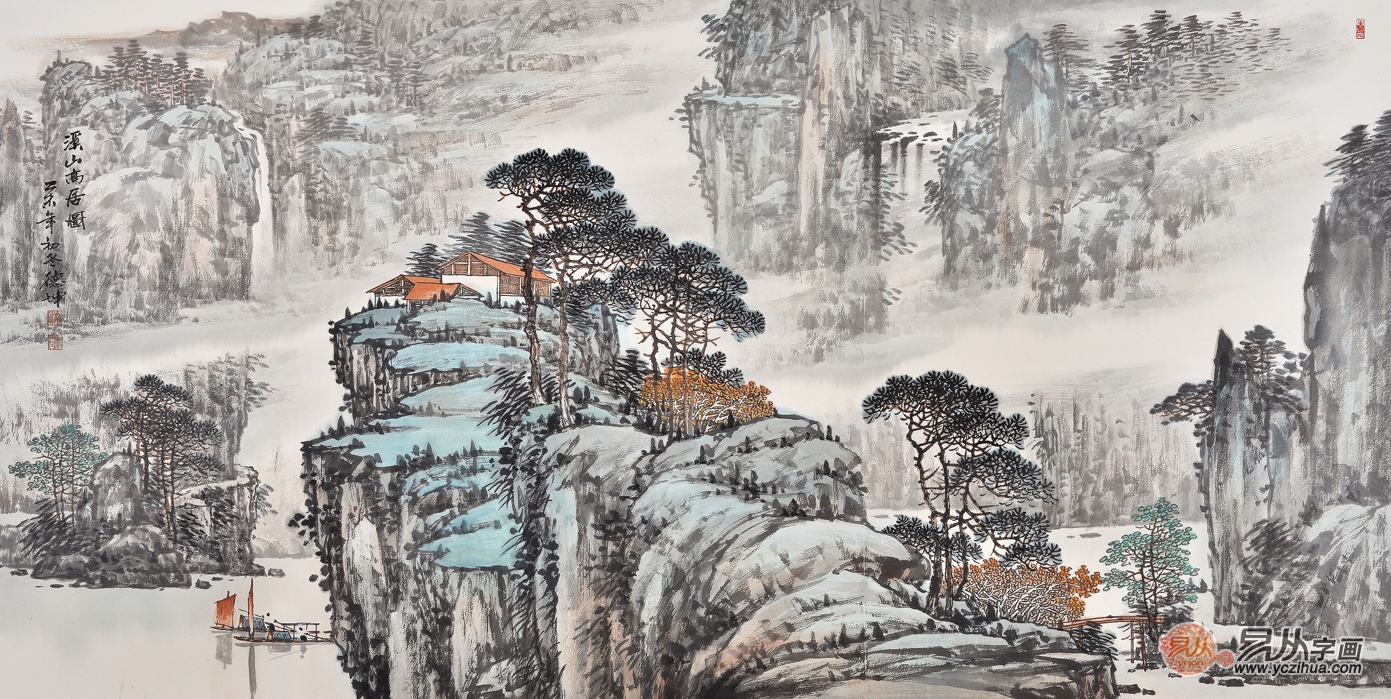 手绘原创 书画名家林德坤山水画作品《溪山高居图》