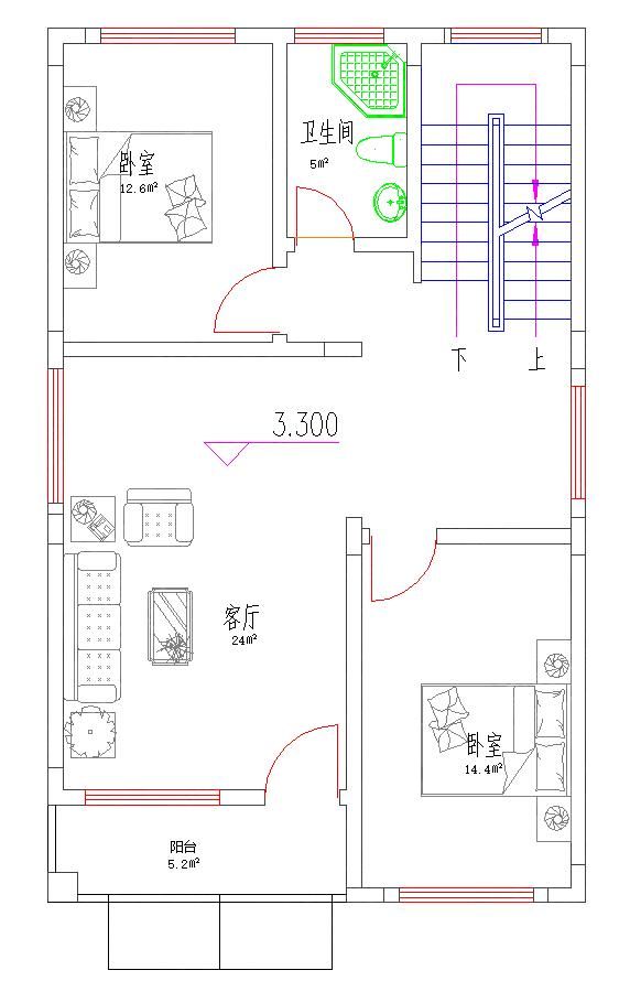 一层:客厅,厨房,卧室,卫生间 三层平面图 三层:卧室×2,书房,卫生间