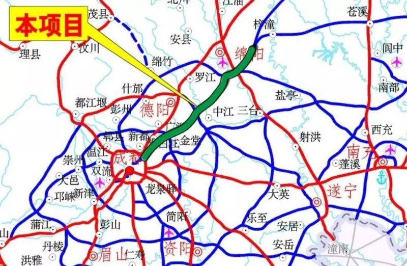 之后路线在既有成绵高速公路东侧新建复线,经涪城区,中江县,在旌阳区