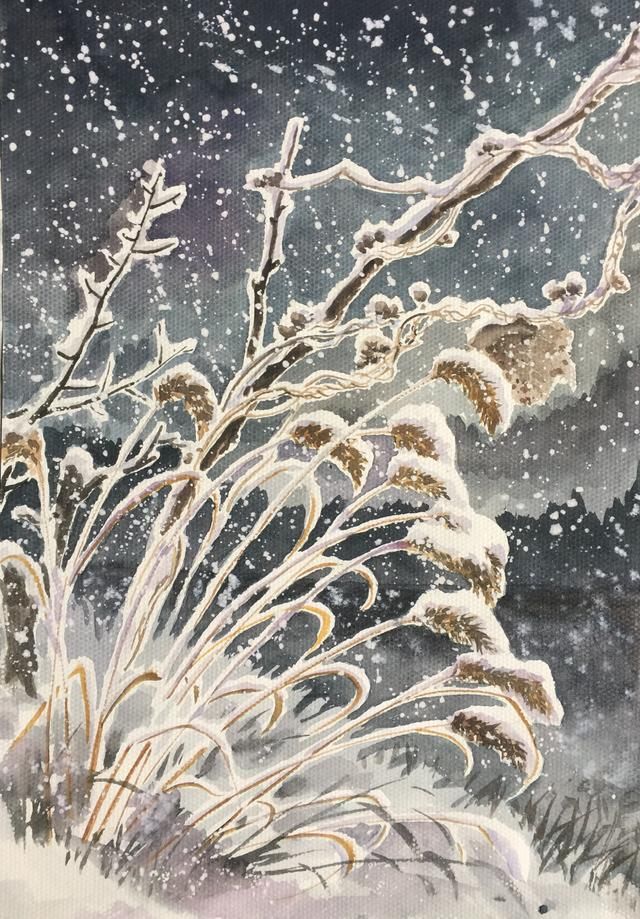 水粉的薄画法作品欣赏～雪景