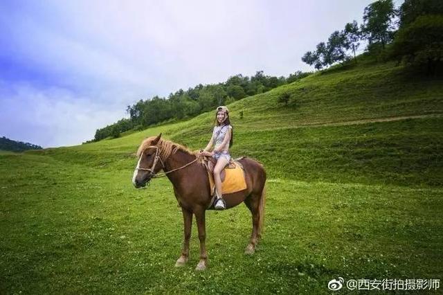 西安苗条美女在宝鸡关山草原上骑马 感觉也是美极了