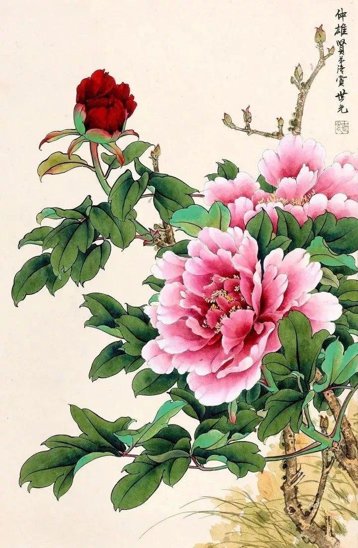 田世光 牡丹 田世光(1916-1999),号公炜,现代工笔花鸟画名家,他继承