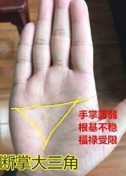 断掌,掌心有大三角,说明自己的运势是非常好的,而且是很少见的好手相