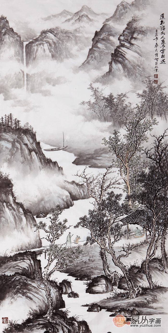 吴大恺山水画真迹:吴大恺四尺竖幅山水画作品《遥知隔水人》