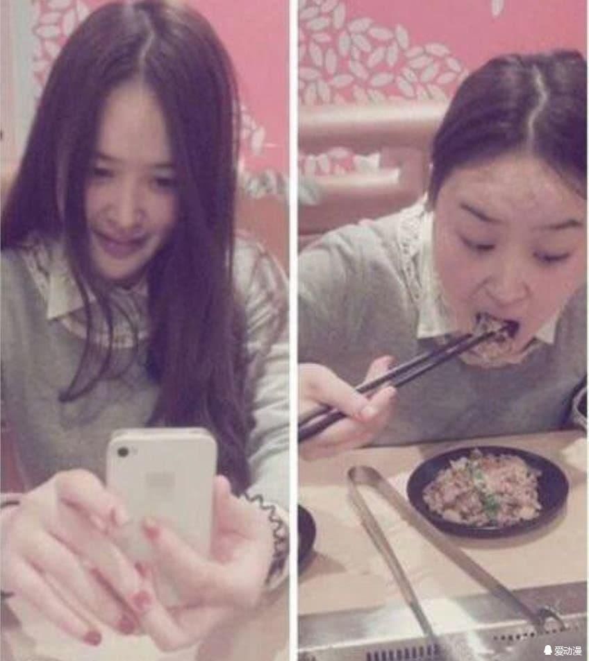 吃货姑娘在吃饭前和吃饭后的对比!