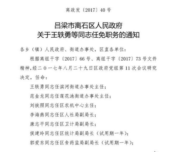 吕梁市离石区人民政府关于王轶勇等同志任免职务的通知