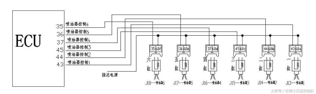 直接上一个图给大家看看,下图是一个6缸机的喷油嘴控制线束连接方法.