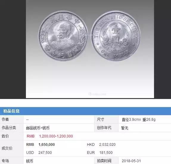 黎元洪像开国纪念币 成交价:165万