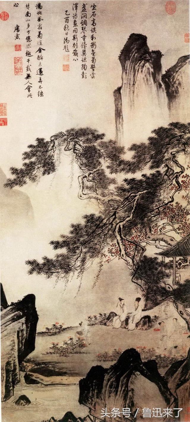 《庐山观瀑布》唐寅 除了《庐山观瀑布》,还有《落霞孤鹜图》,《杏花