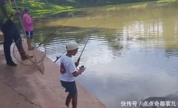 几男子跟一小孩鱼塘钓鱼,小男孩钓获这种红尾鲶鱼,看着佩服了