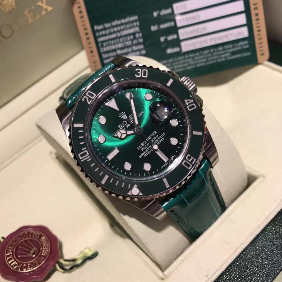 高仿rolex劳力士手表绿水鬼 翡翠绿美洲鳄鱼皮表带