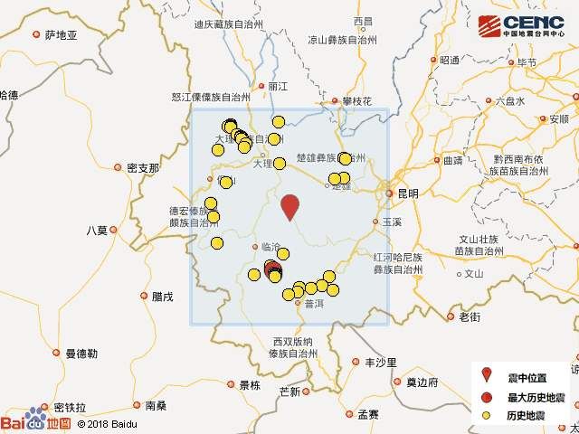 历史地震 震中所在的景东彝族自治县,隶属于云南省普洱市,地形北窄