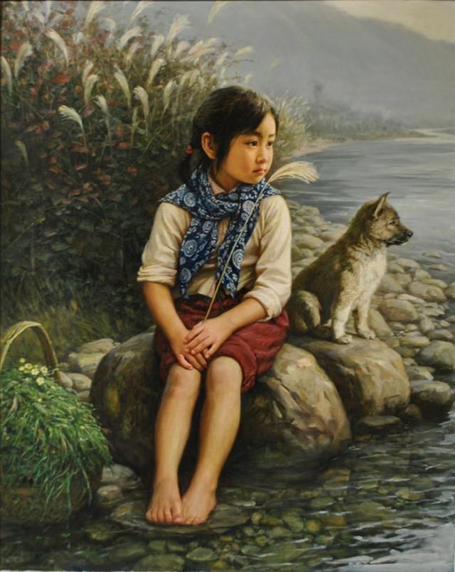 李自健乡村童年系列油画,有个姐姐真的很幸福