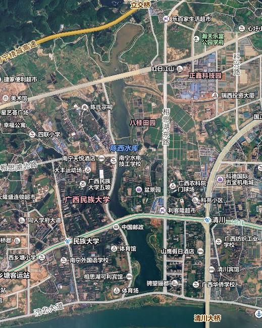 从卫星图看南宁水城建设,相思湖已经和这里连接上了