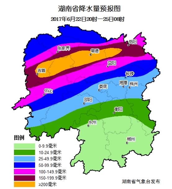 据湖南省6月22日20时~25日08时降水量预报图显示,常德地区降雨量将达