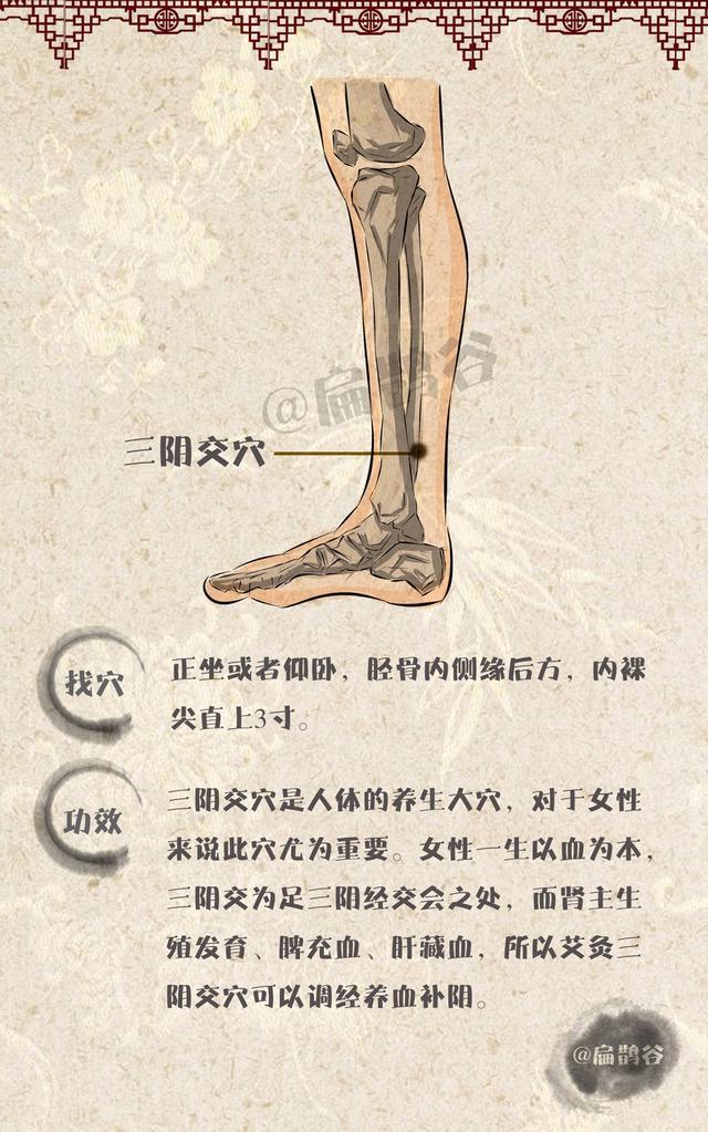 三阴交 在小腿内侧,内踝尖上3寸,胫骨内侧缘后方.