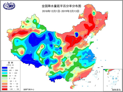 图为入冬以来全国降水量距平百分率分布图.图片来源:国家气候中心