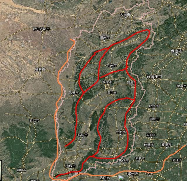 红线是山西山脉大致走向,橘黄色线是黄河;外有山河,内部分区