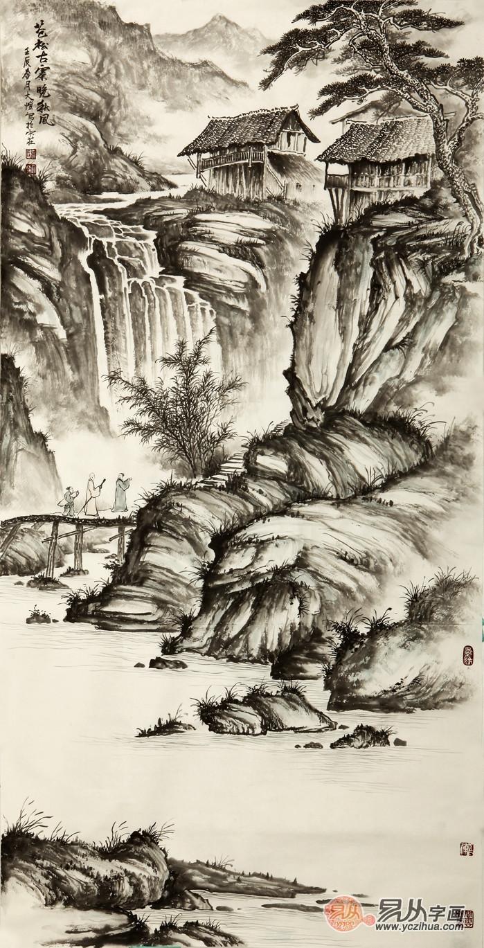 吴大恺四尺竖幅山水画作品《苍松古寨晚秋风》