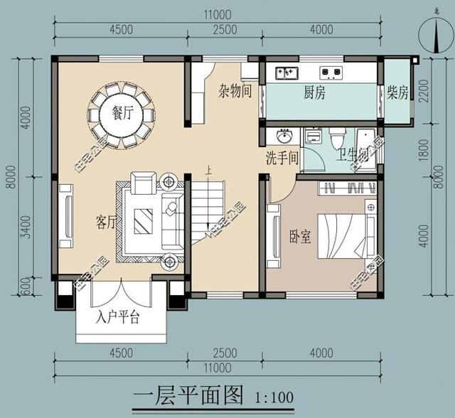 11米x7米农村户型图,7米乘11米自建房平面图 农村自建面宽11米的4室1厅二层别墅,带柴火房,格调高雅还接地气