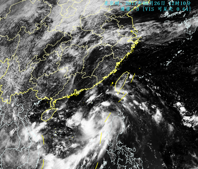 图为8月26日12时10分,卫星监测到的台风"帕卡"可见光云图.