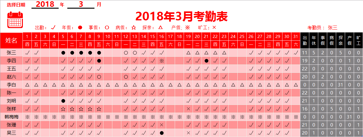 excel考勤表丨自动统计出勤/休假天数(6种样式选择)