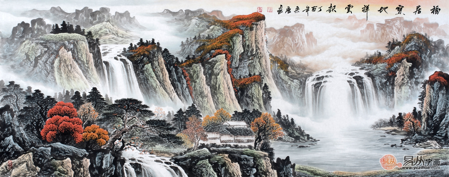人丁兴旺,流水生财;天边一轮红日自东方升起,象征着鸿运当头,事业蒸蒸
