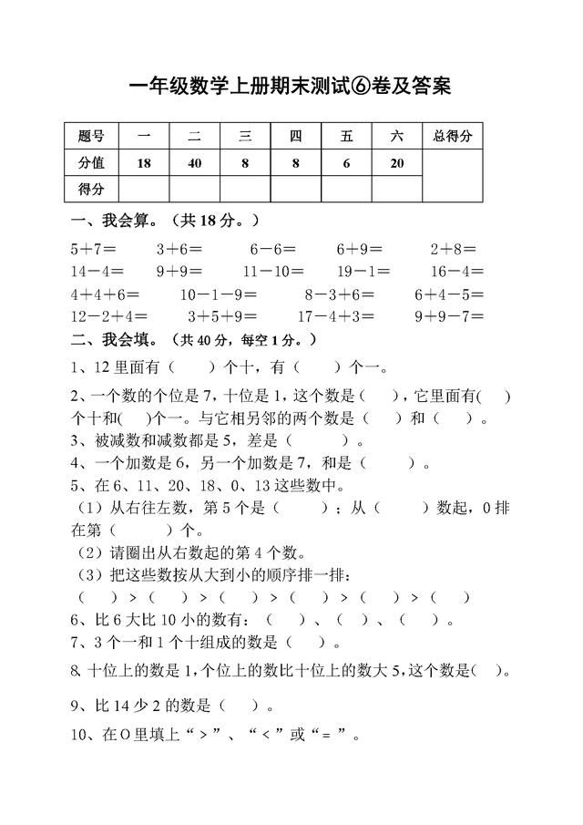 一年级数学上册期末测试卷!已经期末,留给孩子