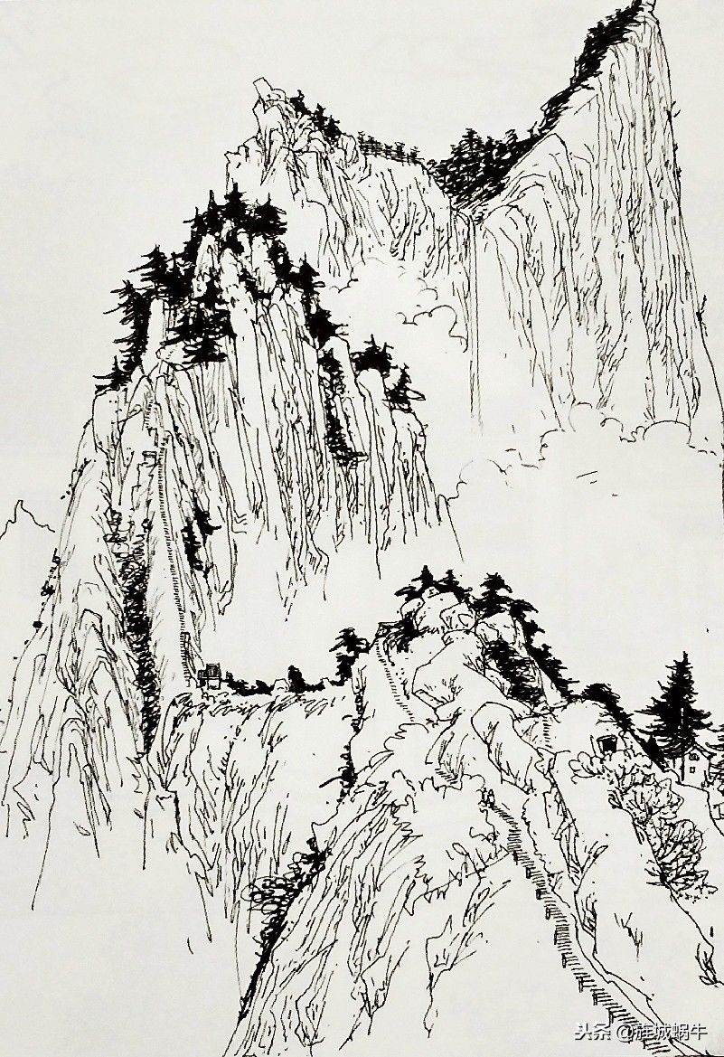 国画学习:有用的白描山水,民居图案实例