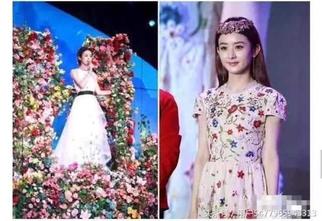 当红花旦赵丽颖之前也是身穿花裙子,并头戴花环亮相活动,举手投足之间