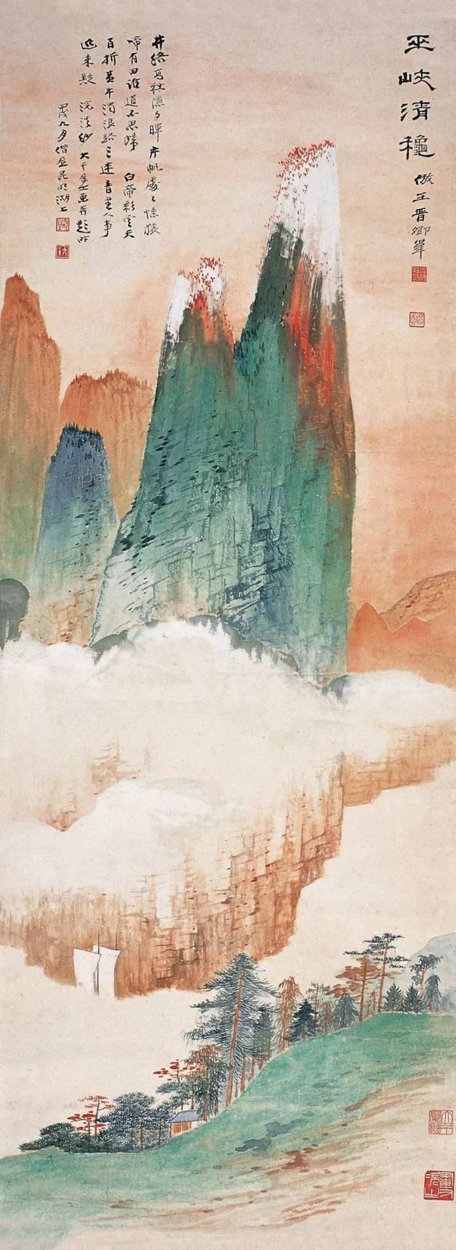 张大千泼墨与泼彩山水画卓有成效,其金碧山水更加赏心