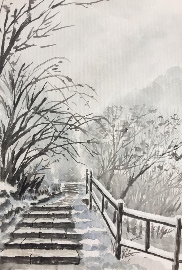 水粉的薄画法作品欣赏～雪景