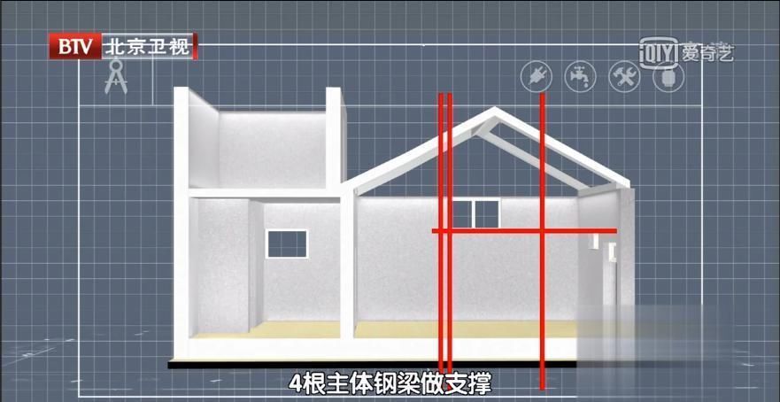 将原来两根钢筋支撑的房梁结构,变为4根主体钢梁作为支撑,加固了房梁.