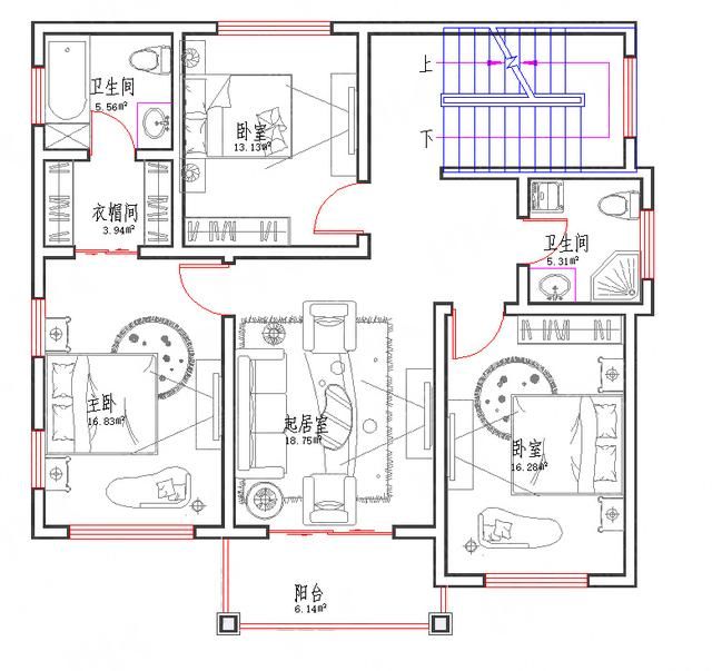 二层平面图 二层:起居室(带阳台),主卧(带衣帽间,卫生间),次卧×2