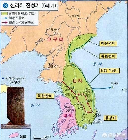 公元660年和668年,新罗联合唐朝灭亡百济和高句丽,统一朝鲜半岛,称为