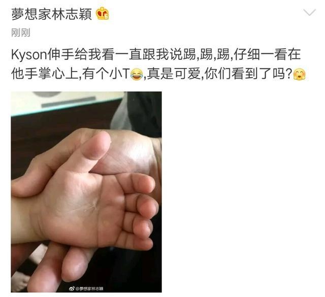 仔细一看在他手掌心上,有个小t,真是可爱,你们看到了吗?