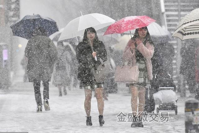 日本东京大雪交通混乱 高中女生光腿短裙雪中